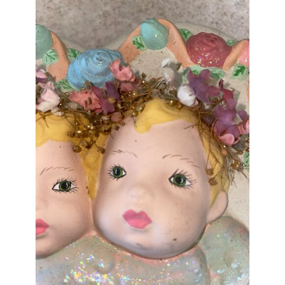 Vintage Heart-Shaped Double Angel Face Ceramic Trinket Box With Floral Accents & - Picture 2 of 5